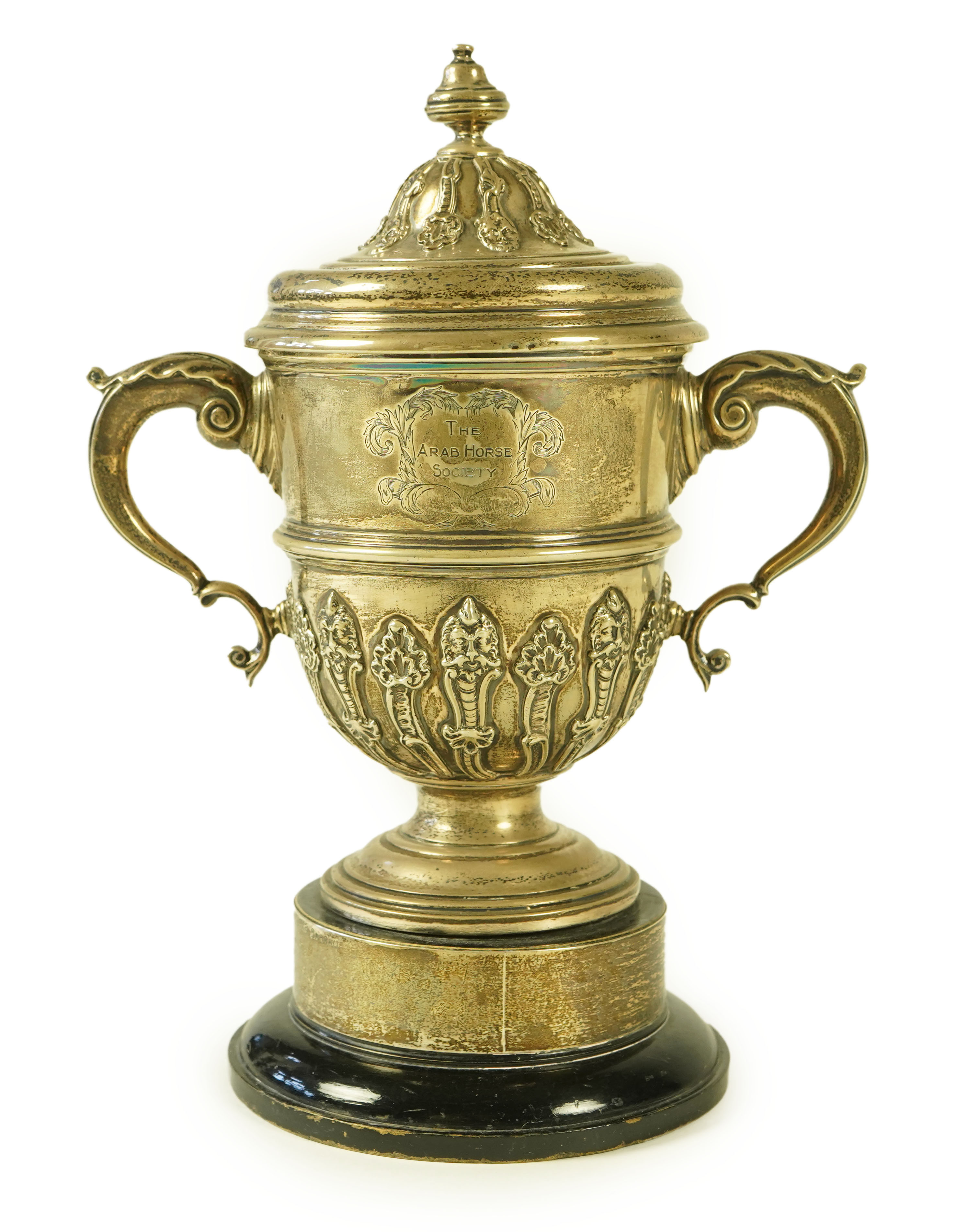 A George V silver two handled presentation cup and cover, by Charles & Richard Comyns, with engraved horse racing inscription relating to 'The Arab Horse Society Challenge Cup Presented by The Rt. Hon. Lady Wentworth for